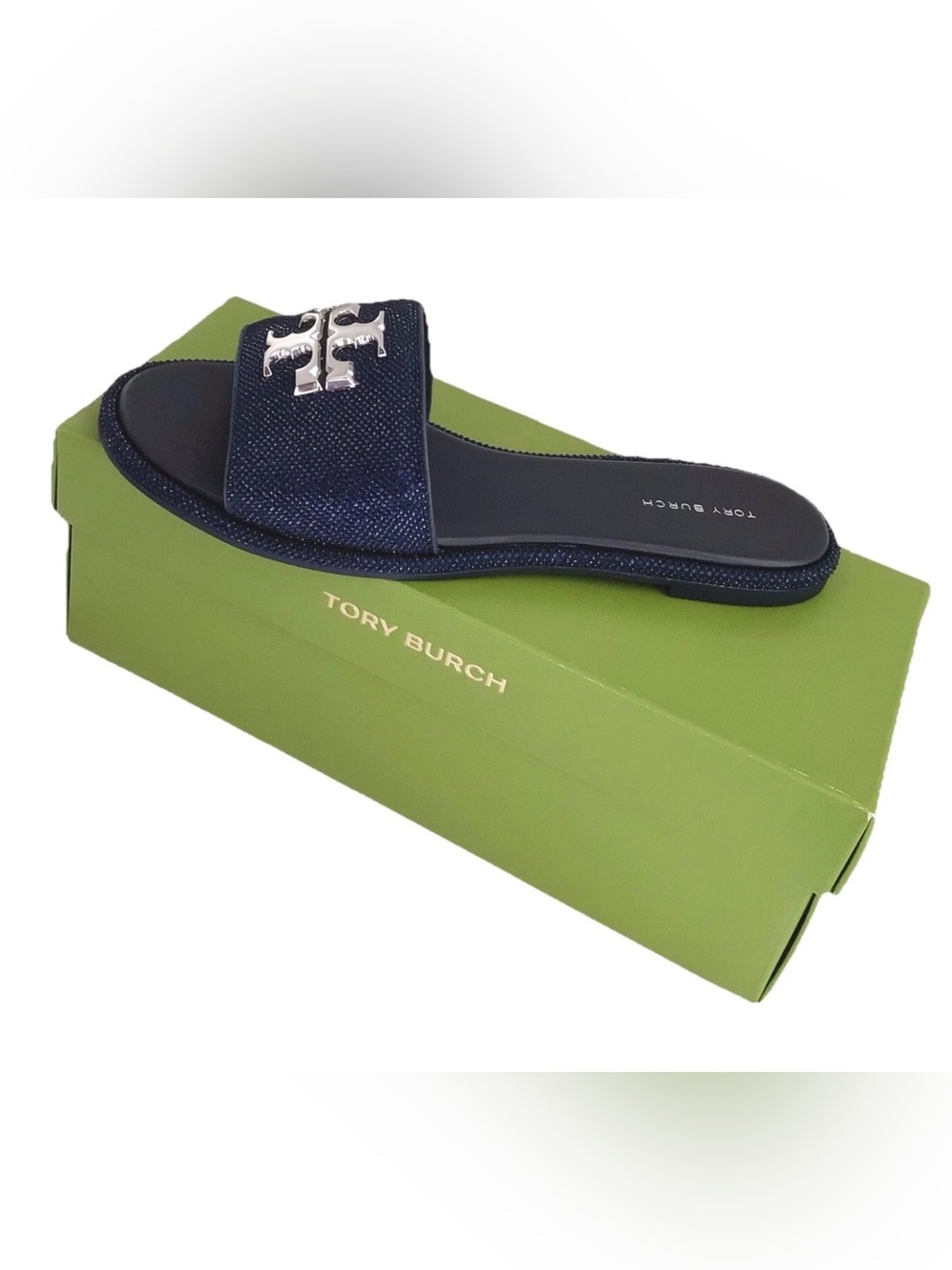 Tory Burch Everly Slide Leather Rhinestones Sandals-Navy New In Box - Picture 6 of 10